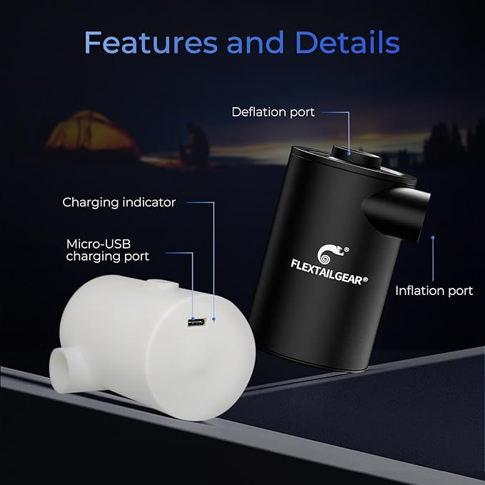 FLEXTAILGEAR MAX Pump Portable Air Pump with 3600mAH Battery USB Rechargeable Air Pump-Quick Inflate Deflate for Sleeping Pads, Air Mattress, Pool Toys, Floats, Swimming Ring, Air Bed (Black)