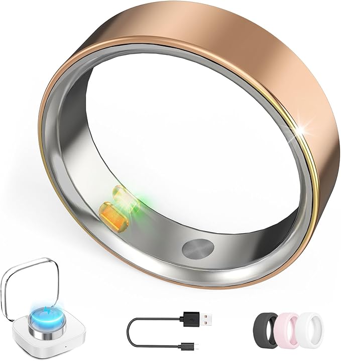 Smart Ring with Vibration Alerts, health tracker ring with Body Temperature Monitor, Heart Rate, Sleep & Fitness Tracking, Waterproof Activity Ring for Men & Women, No App Fees (Rose Gold, 8#)