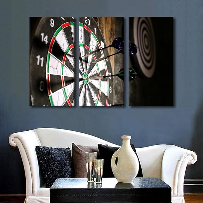 Gray Darts Wall Art for Living Room Motivational Canvas Wall Art Dartboard Picture Posters Modern Wall Decor Art 3 Panels for Bar Club Bedroom Office Paintings Giclee Framed Ready to Hang, 40"Wx60"H