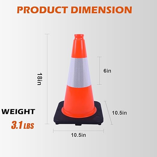 8 Pack 18" inch Fluorescent Orange PVC Traffic Safety Cones with Reflective Collars and Heavy Duty Rubber Base, Durable Cones for Parking, Construction, Roadwork and Driving Practice