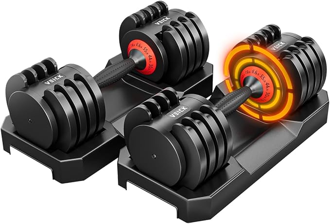 VEICK 25/55 lbs Adjustable Dumbbell with Anti-Slip Turning Handle, Fast Adjust Weight for Men Women, Exercise Equipment with Tray for Home Gym Full Body Workout Fitness