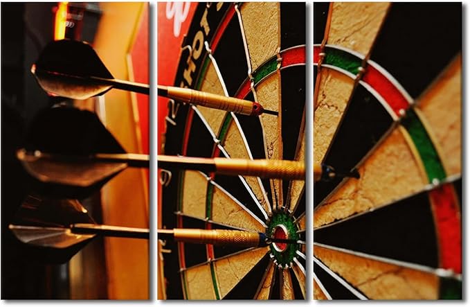 Large Sports Theme Modern 3 Panels Gallery Wrapped Dart Hits the Bullseye Giclee Canvas Prints Amazing Dart Plate Photo Paintings on Canvas Wall Art for Living Room Home Decor Ready to Hang(40"Wx60"H)