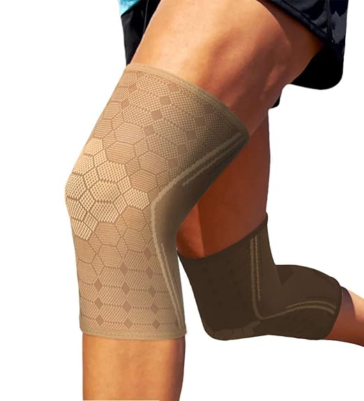 Sparthos Knee Compression Sleeves by (Pair) – Support for Sports, Running, Joint Pain Relief – Knee Brace for Men and Women - Walking Cycling Tennis Workout - Check Size Chart (Beige-S, 7-8″ Thigh)