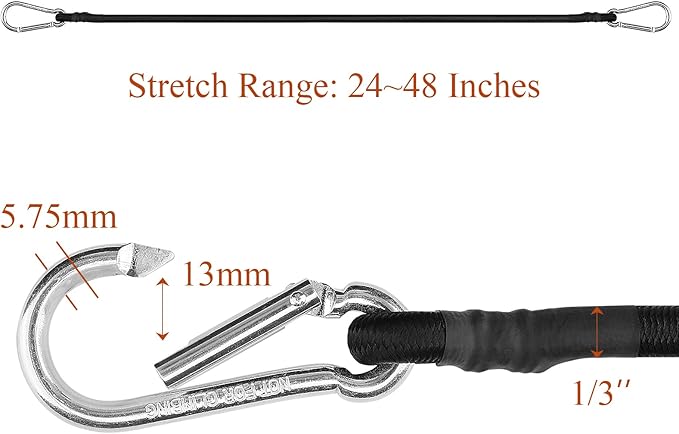 ZHOUBIN 24 Inch Black Bungee Cords with Carabiner Hooks, 4Pcs
