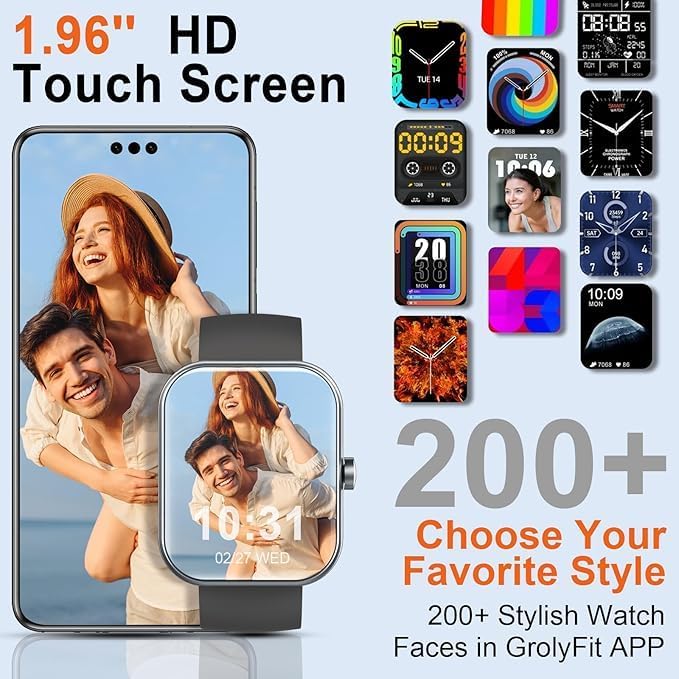 Smart Watch, 1.96" for Men Women (Answer/Make Call), Fitness Tracker with 100+ Sport Modes, IP68 Waterproof, Heart Rate/Sleep Monitor, Spo2, Pedometer, Activity Tracker for Android iOS, V71-2