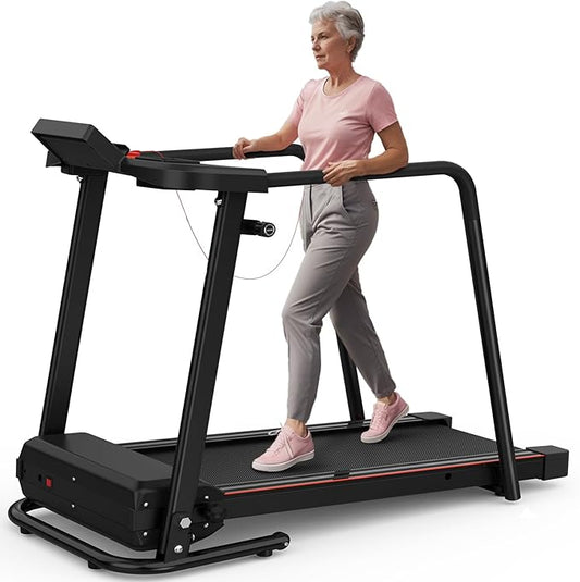 Treadmill for Seniors with Extended Long Handrails for Balance & Safety Foldable Elderly Treadmills for Home Composite Shock-Absorbing Treadmill for Seniors 300 lbs Capacity LCD Display APP Control