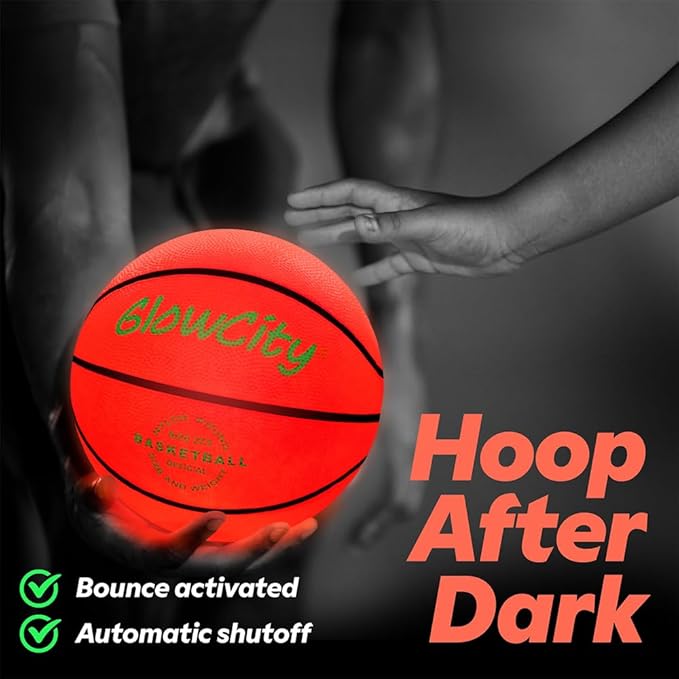 GlowCity Glow in The Dark Basketball - Sizes 5, 6, 7 Light Up Ball for Kids, Teens & Adults - Red Glow for Outdoor Games - Sports Birthday Gifts Ideas for Boys Ages 6 7 8 9 10 11 12 13 14