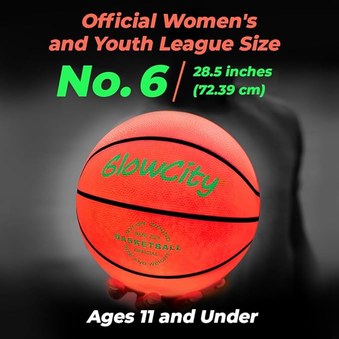 GlowCity Glow in The Dark Basketball - Sizes 5, 6, 7 Light Up Ball for Kids, Teens & Adults - Red Glow for Outdoor Games - Sports Birthday Gifts Ideas for Boys Ages 6 7 8 9 10 11 12 13 14