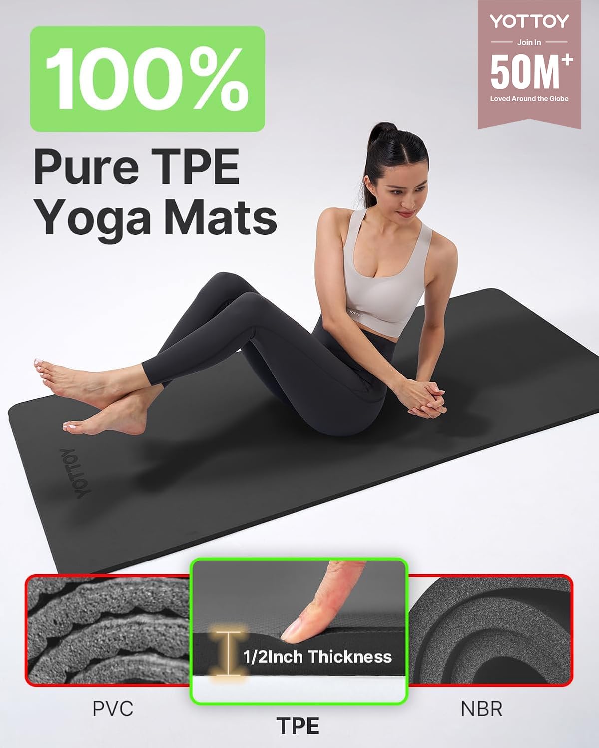 YOTTOY Yoga Mat，Extra Thick Yoga Mat (1/2inch),Professional TPE Exercise Mat,Non-Slip Workout Mat for Yoga, Pilates, Fitness, Barefoot Workouts, Home Gym Studio with Strap