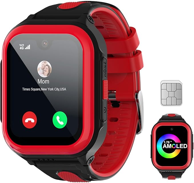 Wonlex 4G GPS Smartwatch for Kids, 1.78" AMOLED Touchscreen Phone Watch with SIM Card, Video Calls, Voice Chat, SOS, Camera, Music, Pedometer, Game, Birthday Gift for Girls Boys Ages 8-15(Red)