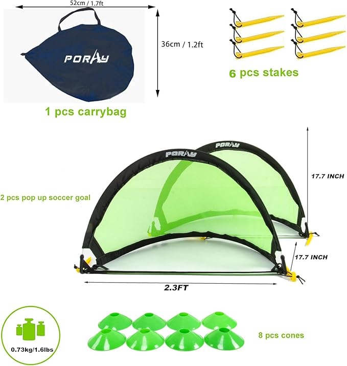 Poray Soccer Goal for Kid Easy-up Set of Two Portable Soccer Net 210D Oxford with 8 Field Marker Cones Extra Stakes Fun for Backyard and Soccer Training