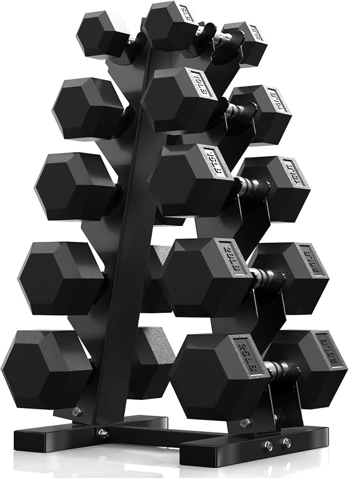PAPABABE Hex Dumbbell Sets with Rack, 60-550lb Rubber Coated Dumbbell Weight Set and Storage Rack, Multiple Options Hand Weights for Strength Training