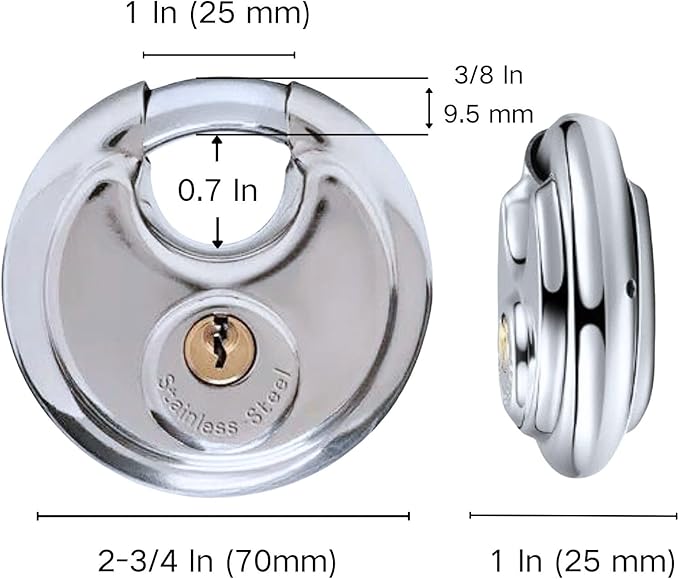 70MM Discus Padlock with Same 3 Brass Keys,304 Stainless Steel Disc Lock with Brass Gallows to Prevent Rusting,Thick Sturdy Hook to Prevent Picking.12 Pack-XZJYYF