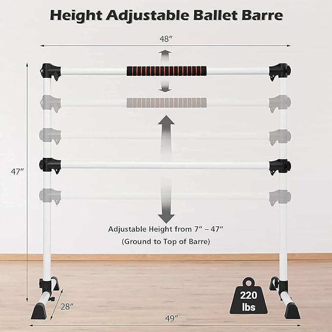 Costzon Portable Ballet Barre, 4ft Freestanding Double Ballet Bar with Adjustable Height, Fitness Dance Bar w/Foam Pads for Stretching, Home Gym Barre Exercise Equipment for Kids & Adults