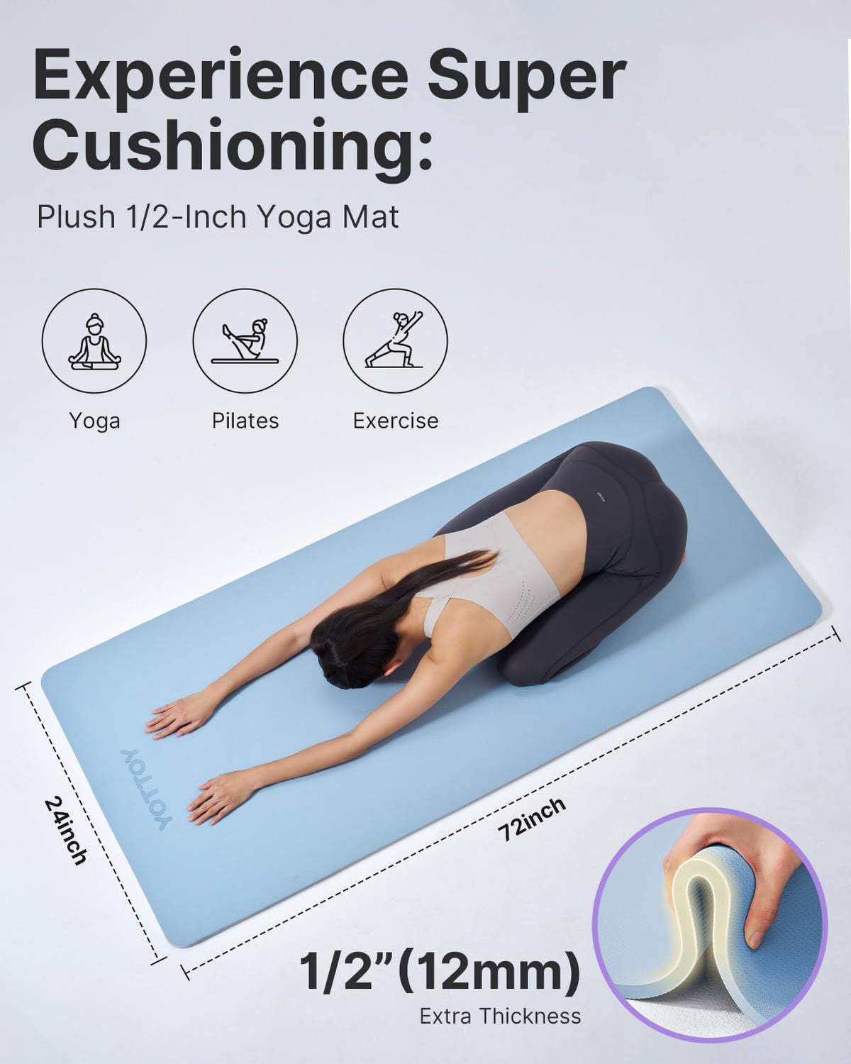 YOTTOY Yoga Mat，Extra Thick Yoga Mat (1/2inch),Professional TPE Exercise Mat,Non-Slip Workout Mat for Yoga, Pilates, Fitness, Barefoot Workouts, Home Gym Studio with Strap