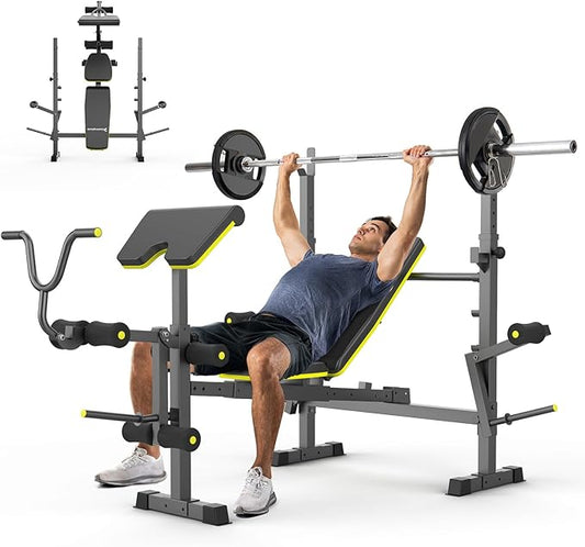 6 In 1 Weight Bench Set, 2093 LBS Foldable Bench Press with Push-Pull Bench, Adjustable Work Out Equipment for Home Gym with Squat Rack, Standard Strength Training Bench