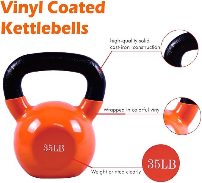 Vinyl Coated Kettlebell - Choose 20, 25, 30, 35, 40, 45 Lbs - Durable, Non-Slip Grip for Home Gym, CrossFit, Strength Training