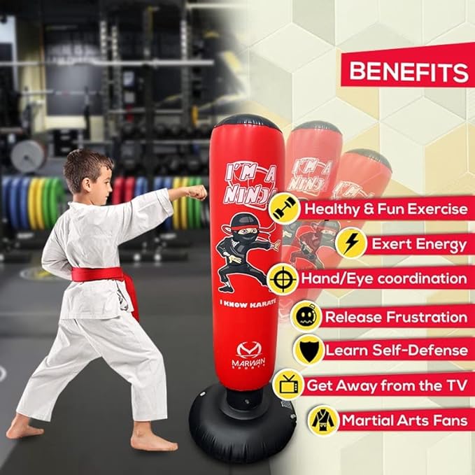 Marwan Sports 5-in-1 Inflatable Punching Bag for Kids – 63" Karate Toy Set with Boxing Gloves, Durable Fast Rebound, Active Play, Stress Relief Christmas/Birthday Gift for Boys & Girls Ages 4-12