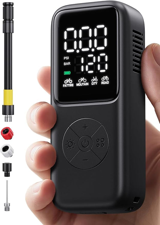 Mini Electric Bike Pump,120 PSI Bike Pump Portable with Guage Auto Stop, Bicycle Pump with Presta and Schrader, Bike Tire Pump Valve for Road Bicycle, Mountain Bike, E-Bike,Sports Ball