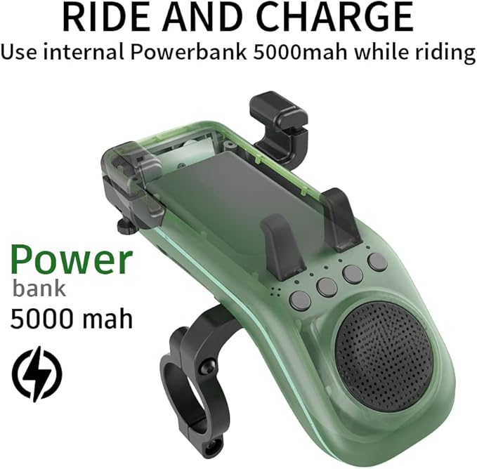 Multifunctional Bike Speaker & Phone Holder - Bicycle Headlight, Horn, Microphone & Power Bank (5000mAh), Ideal for Mountain & Road Cycling