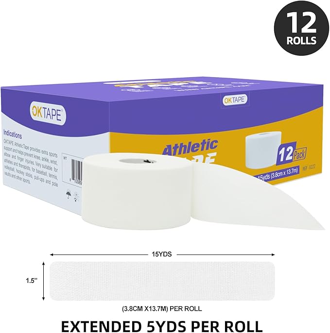 OK TAPE Athletic Sports Tape（12-Rolls) -45ft Per Roll Very Strong Tape for Athlete & Sport Trainers & First Aid Injury Wrap, Perfect for Fingers Ankles Wrist on Bat, Hockey Stick - White