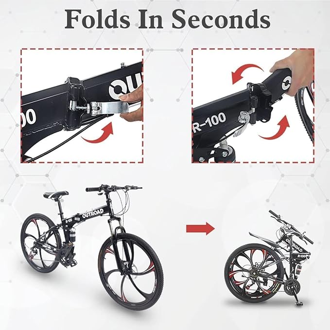26 Inch Folding Mountain Bike with High Carbon Steel, 21 Speed City Bike with Dual Suspension, Folding Bicycle for Adults Men and Women