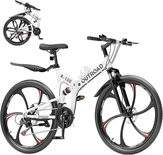 26 Inch Folding Mountain Bike with High Carbon Steel, 21 Speed City Bike with Dual Suspension, Folding Bicycle for Adults Men and Women