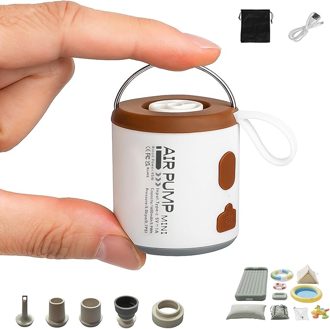 Mini Portable Air Pump for Inflatables - Dual Suction & Inflation, USB Rechargeable, with Camping Light & Multiple Nozzles, Magnetic Base - Ideal for Sleep Pads, Air Mattresses, Pool Floats