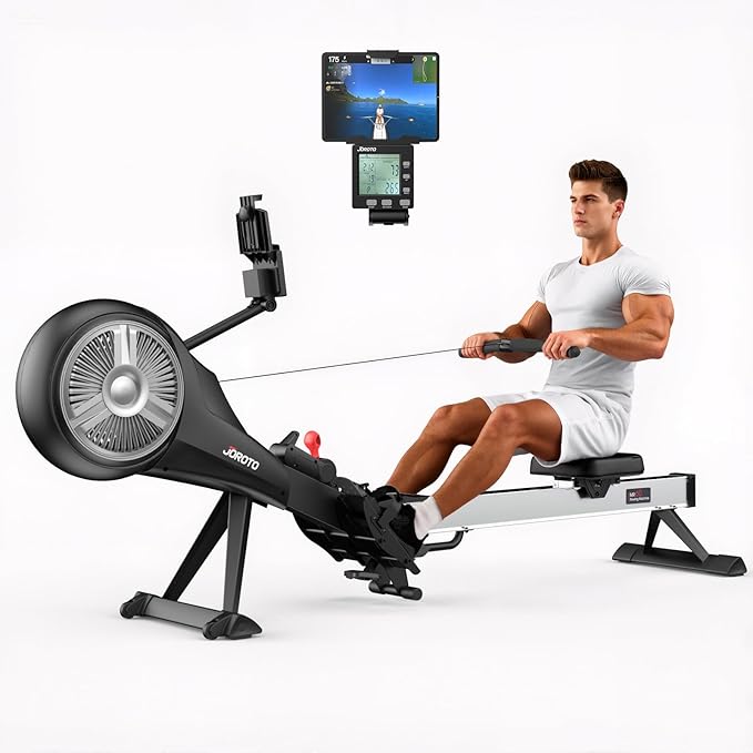 Rowing Machine for Home JOROTO Air Magnetic Rowing Machines for Home Foldable with 49.5" Rail, Backlit Monitor, Bluetooth, App Supported, Tablet Holder Rower Machine
