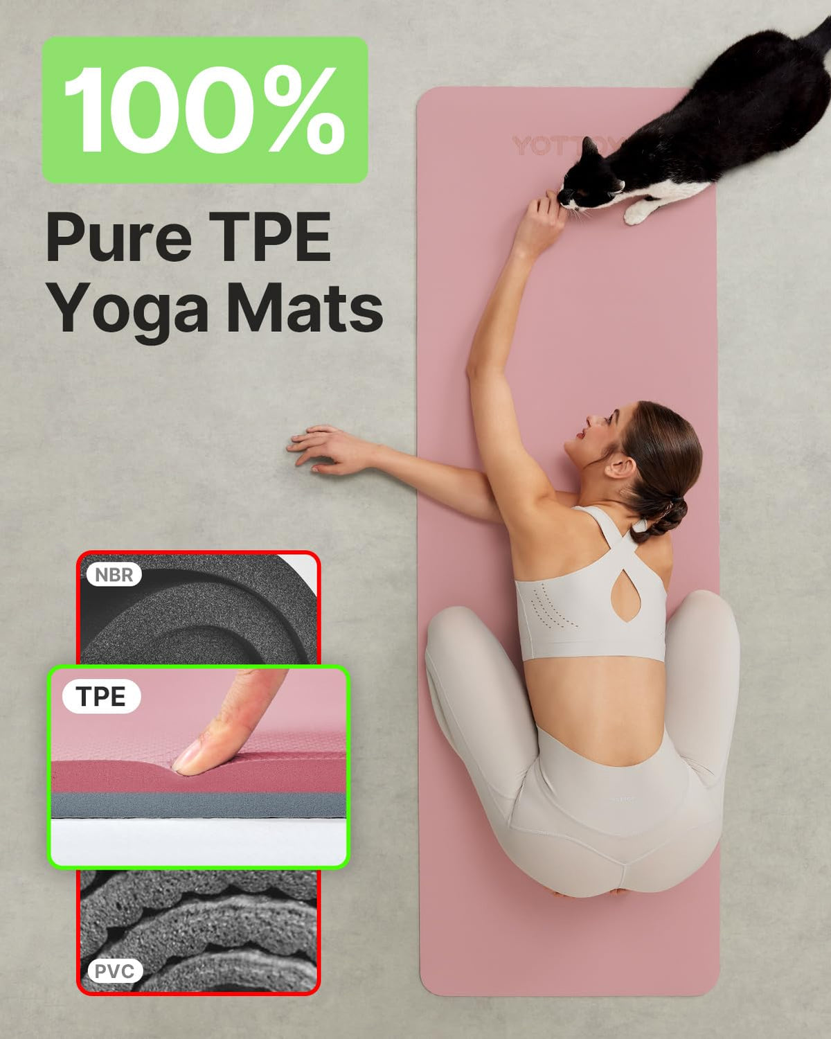 YOTTOY Yoga Mat, Non-Slip TPE Exercise Mat (1/4 Inch) for Pilates, Fitness & Barefoot Workouts, Home Gym Studio with Strap & Bag (Rose, 24 * 0.24 Inches)