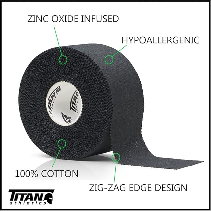 Titan Athletics - Premium Quality Black Athletic Tape/Sports Tape - 1 1/2 Inch x 45 Feet Per Roll - 100 Percent Cotton with Zinc Oxide - Easy Tear Zig Zag Design. (Black, 6 Count (Pack of 1))