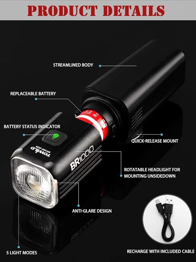 TOWILD BR1000 Bike Lights for Night Riding,1000 Lumen Lightweight Bike Front Light,Long Battery Life,Compatible with Garmin/GoPro Mount,3500mAh Rechargeable&Replaceable Battery,for Commuter Cyclists