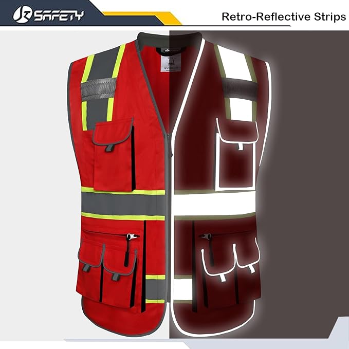 JKSafety 10 Pockets Hi-Vis Zipper Front Fluorescent Red Safety Vest | Cushioned Collar | High Reflective Tapes with Extended Neon Yellow Strips | Meets ANSI/ISEA Standards (3X-Large, 89-Red)