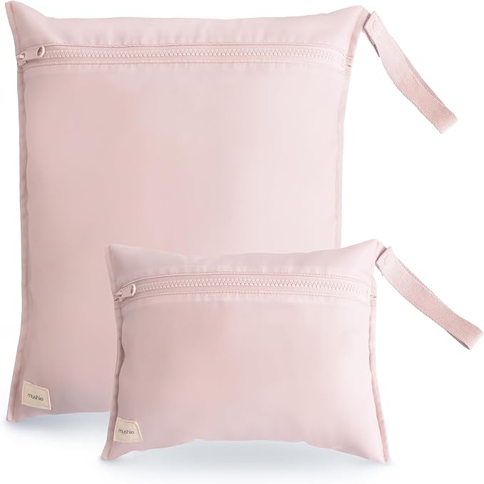 mushie Water Resistant Wet Bags | Large & Small Reusable Storage Bag for Baby Items and Travel | Zippered Pockets with Handle | Machine Washable, Set of 2 (Blush)