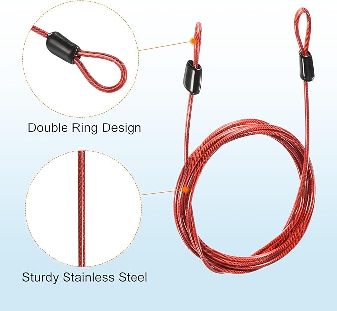 MECCANIXITY Security Steel Cable Lock, Safety Cable Flexible Wire Rope Luggage Lock 6.5feet 2.5mm Vinyl Coated Braided Steel with Double Loop for Bike Bicycle U-Lock Padlock Red