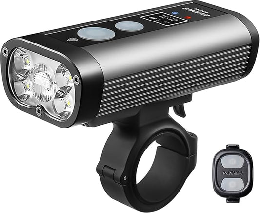 RAVEMEN PR2400 Bike Light for Mountain Biking, 2400 Lumens Bike Headlight with OLED Runtime Display, USB Output, Far Reaching High Beam, Anti-Glare Low Beam, IPX8 Waterproof