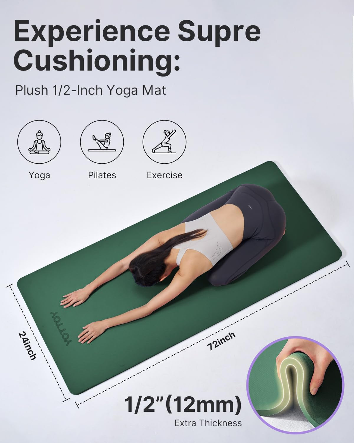 YOTTOY Yoga Mat，Extra Thick Yoga Mat (1/2inch),Professional TPE Exercise Mat,Non-Slip Workout Mat for Yoga, Pilates, Fitness, Barefoot Workouts, Home Gym Studio with Strap