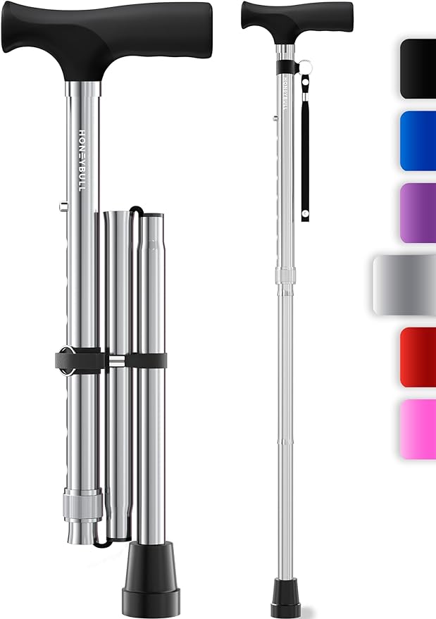 HONEYBULL Foldable Walking Cane for Seniors & Adults – Adjustable 8 Height Settings 30-37", Lightweight Collapsible Cane with Air Cushion Tip, Ergonomic Comfort Grip & Wrist Strap