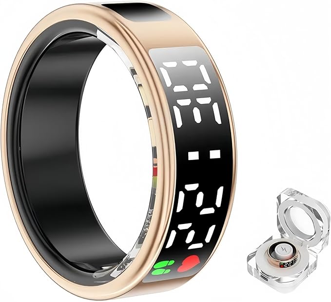 Smart Ring Health Fitness Tracker, Touch Screen Smart Ring for Men and Women, Sleeping Steps Heart Rate Blood Oxygen Monitor, Remote Photography LED Display Ring Waterproof Fitness Ring (Gold, 11)