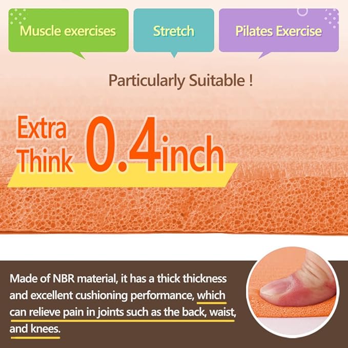 0.4Inch Extra Thick NBR Yoga Mat with Enhanced Stability - Textured Design, Lightweight Mat with Carrying Strap & Case for Yoga, Pilates, Gym & Home Use (Orange)