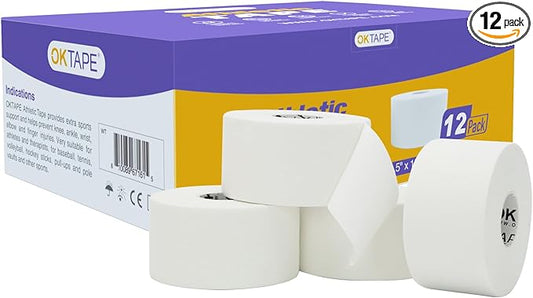 OK TAPE Athletic Sports Tape（12-Rolls) -45ft Per Roll Very Strong Tape for Athlete & Sport Trainers & First Aid Injury Wrap, Perfect for Fingers Ankles Wrist on Bat, Hockey Stick - White
