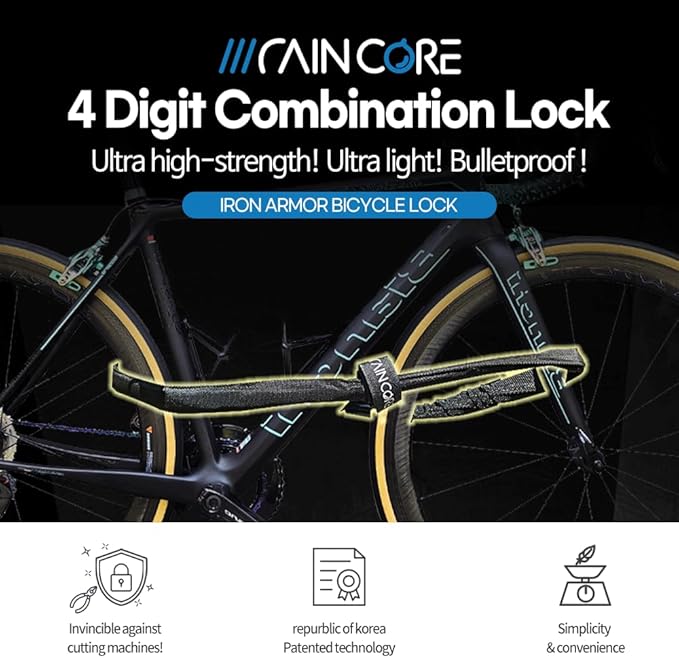 RAINCORE Light Weight Bike Cable Lock for Heavy Duti Anti Theft - 59inch (150cm) - 0.4lb (184g) - Bike Chain Lock with Chain Cutter Proof Fiber - Patented Korea - Security Cable (59 incehs)