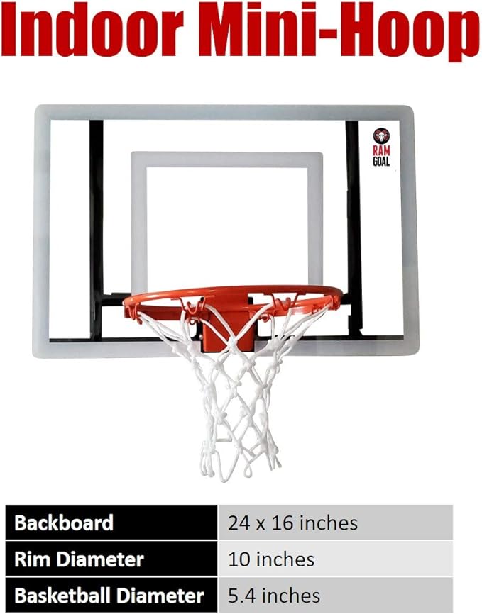 RAMGOAL Wall Mounted Indoor Adjustable Mini Basketball Hoop with Ball | 24" Shatter Resistant Backboard with Professional Grade Breakaway Rim and Steel Reinforced Wall Mount Built for Slam Dunks