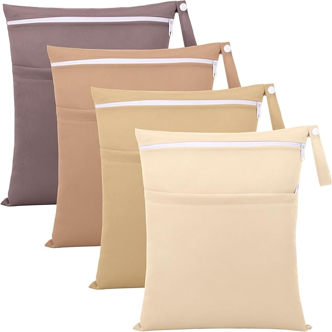 SATINIOR 4 Pack Wet Dry Bags for Baby Cloth Diapers Washable Travel Swimsuit Wet Bags Reusable with Two Zippered Pockets for Yoga Gym Swimsuits Travel Beach Pool Soiled Items(Maillard Color)