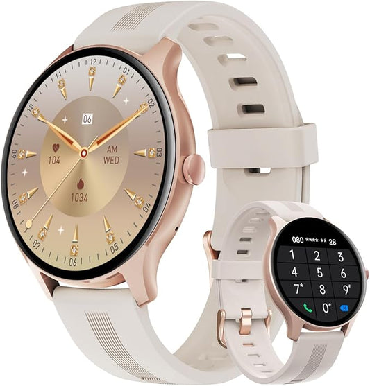 HUAKUA Smart Watches for Women Men (Answer/Make Calls) Compatible with iPhone/Android Phones, Round Smartwatch Fitness Tracker with Heart Rate Monitor Sleep/Steps Tracker Waterproof (Starlight/Gold)