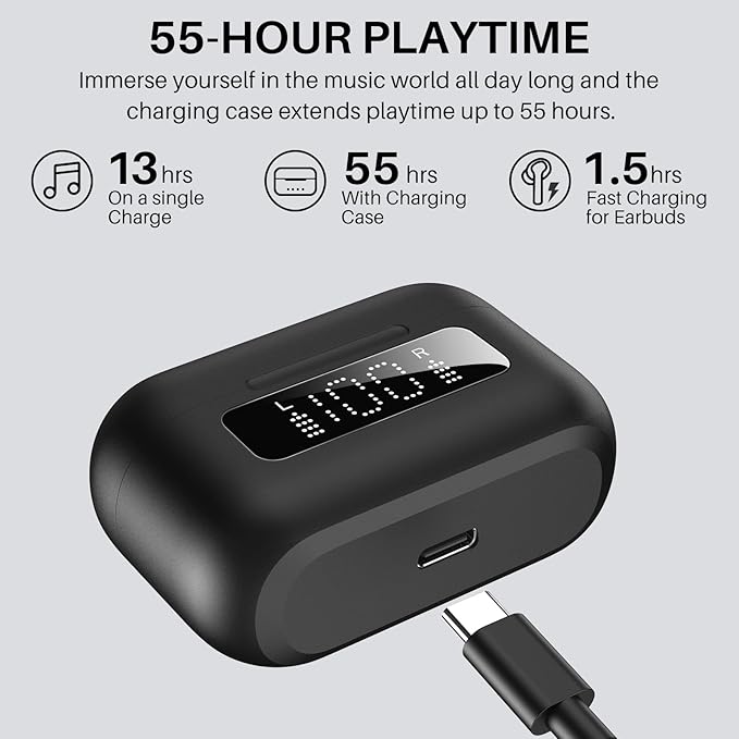 TOZO NC3 Hybrid Active Noise Cancelling Wireless Earbuds with 6 Mics AI Clear Call Ear Buds 55H Playtime with LED Display 32 Preset EQs via APP Bluetooth 5.3 IPX8 Waterproof in Ear Headphones
