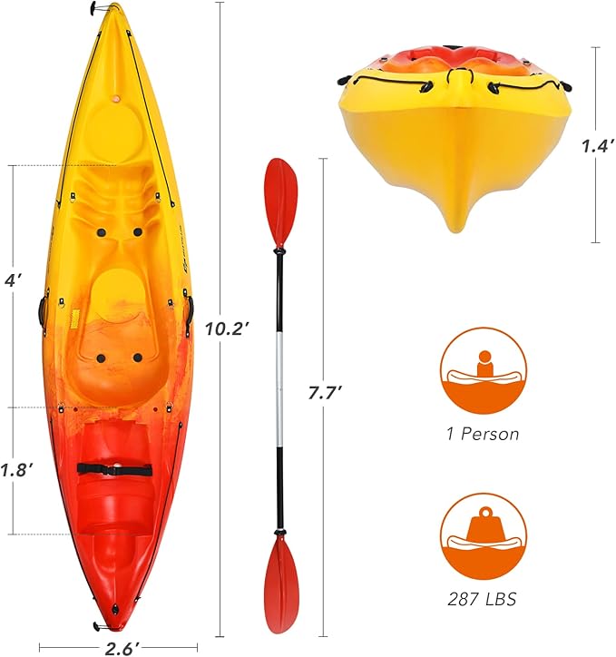 10.2FT Sit-On-Top Fishing Kayak, Portable Surfing Kayak Raft with Aluminum Paddle & Bungee Storage, 1-Person Recreational Kayak Boat for River, Lake & Sea