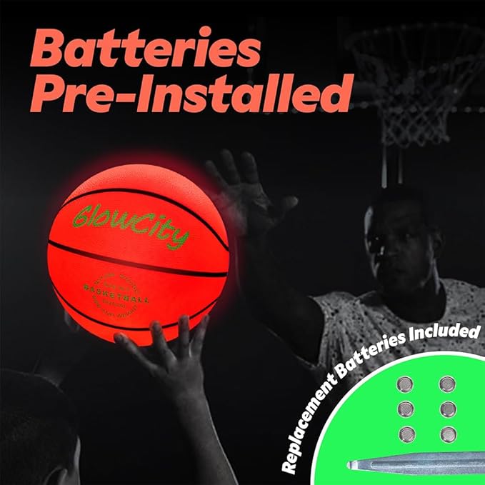 GlowCity Glow in The Dark Basketball - Sizes 5, 6, 7 Light Up Ball for Kids, Teens & Adults - Red Glow for Outdoor Games - Sports Birthday Gifts Ideas for Boys Ages 6 7 8 9 10 11 12 13 14