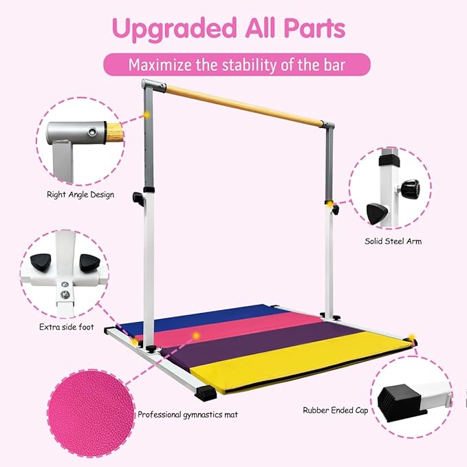 XDEMODA The Latest Model Gymnastics Bar for Kids Ages 3-15 for Home, Anti-Slip, Easy to Assemble, 35” to 55” Adjustable Height Gymnastic Horizontal Bars Equipment