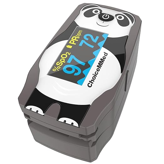 CHOICEMMED OLED Panda Pediatric Pulse Oximeter Fingertip – SP02 Pulse Oximeter for Kids – Children Blood Oxygen Saturation Monitor with Color OLED Screen - Child O2 Saturation Monitor with Batteries (Not for Infant or Newborn)